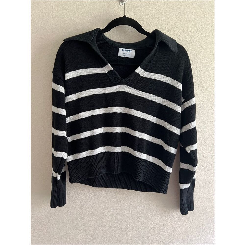 Old Navy Black White Striped Collared Sweater 100% Cotton Preppy S